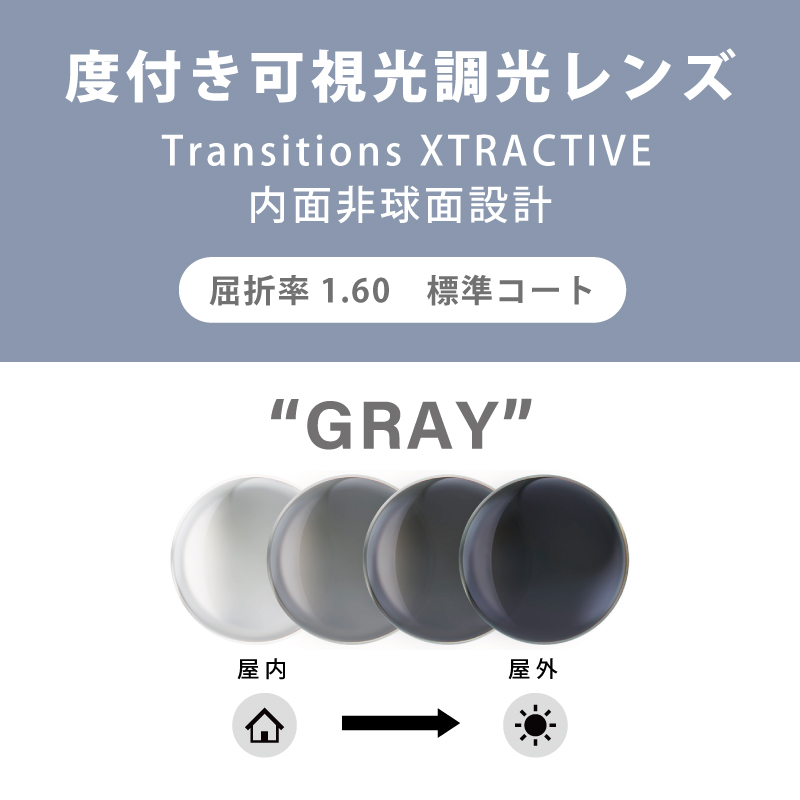 【度付き可視光調光レンズ】 Transitions XTRACTIVE クリア⇔グレー 内面非球面・単焦点・標準コート 屈折率：1.60 2枚1組