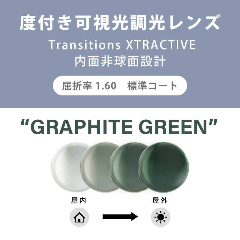 【度付き可視光調光レンズ】 Transitions XTRACTIVE クリア⇔グラファイトグリーン 内面非球面・単焦点・標準コート 屈折率：1.60 2枚1組