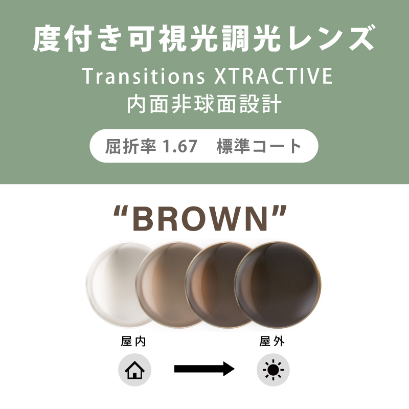 【度付き可視光調光レンズ】 Transitions XTRACTIVE クリア⇔ブラウン 内面非球面・単焦点・標準コート 屈折率：1.67 2枚1組