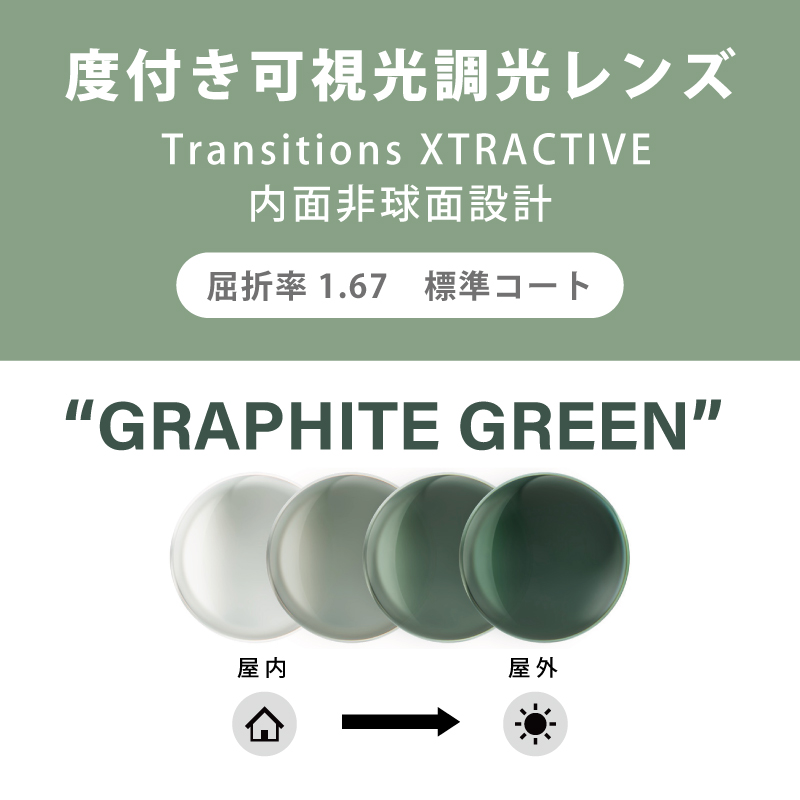 【度付き可視光調光レンズ】 Transitions XTRACTIVE クリア⇔グラファイトグリーン 内面非球面・単焦点・標準コート 屈折率：1.67 2枚1組