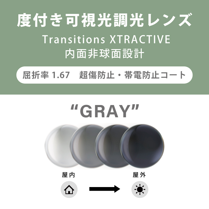 【度付き可視光調光レンズ】 Transitions XTRACTIVE クリア⇔グレー 内面非球面・単焦点・超傷防止 屈折率：1.67 2枚1組