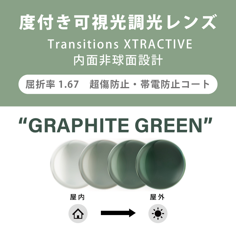 【度付き可視光調光レンズ】 Transitions XTRACTIVE クリア⇔グラファイトグリーン 内面非球面・単焦点・超傷防止 屈折率：1.67 2枚1組